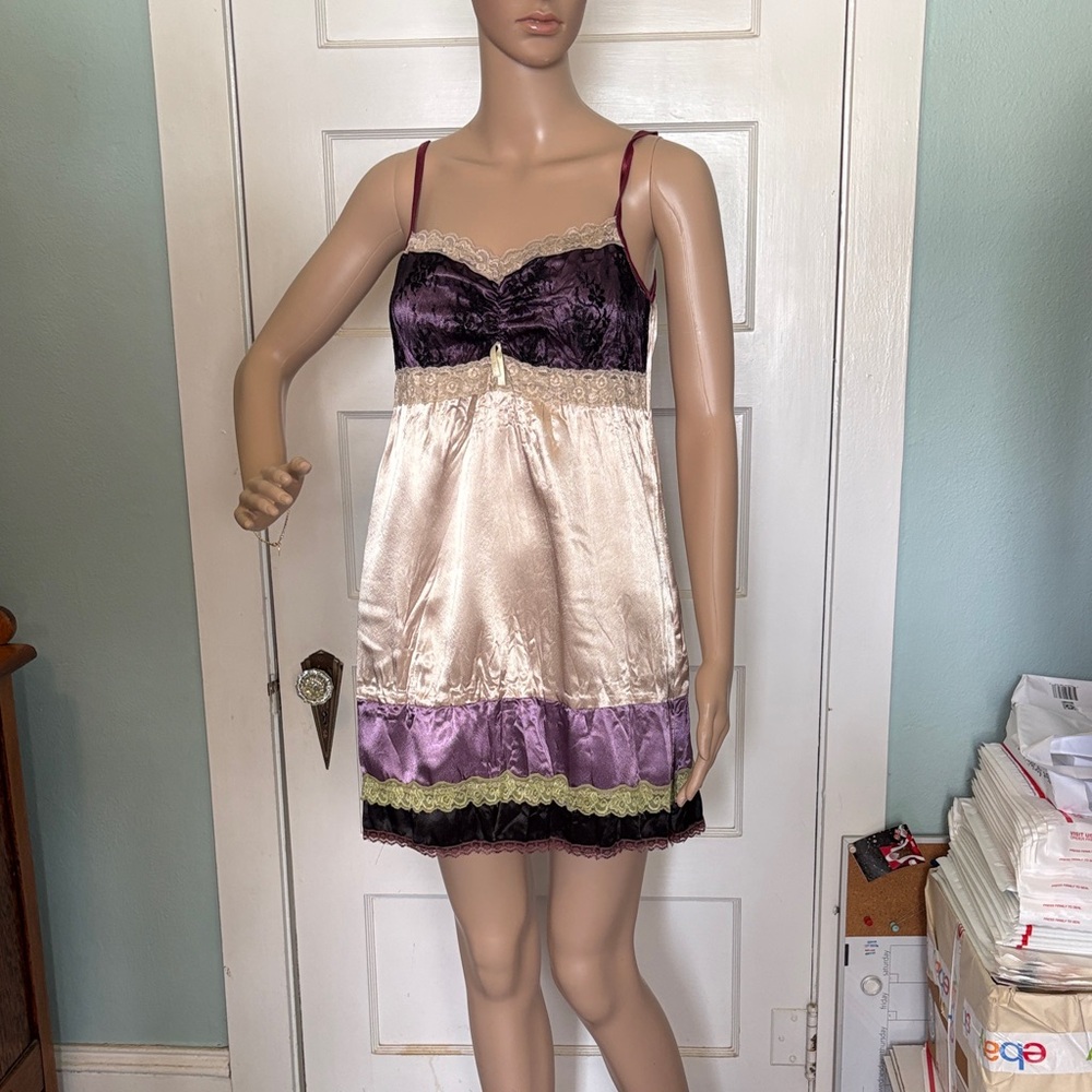 Calle Satin Lace Trim Babydoll Slip Dress in Plum & Champagne Size S